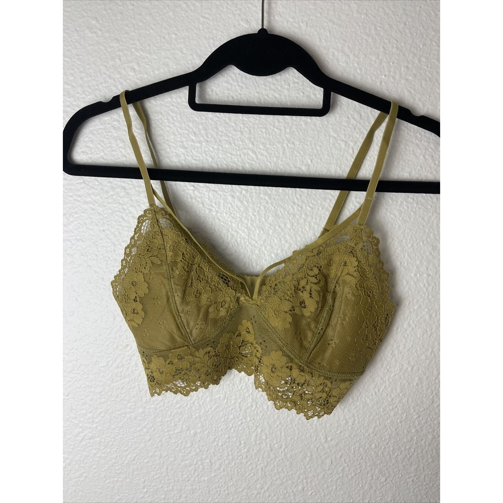 Womens Bralette Crop Top Strappy Lace Cutout Seamless Wireless Yellow Sz Small